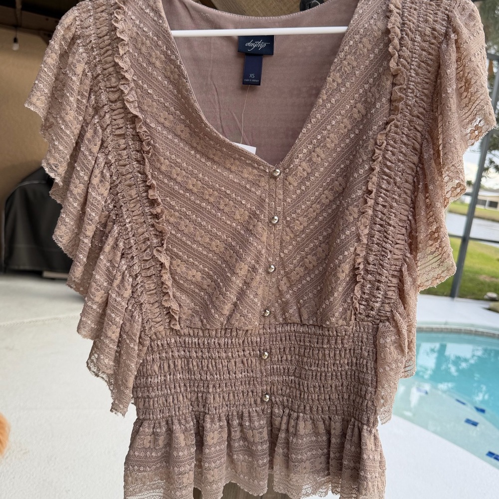 Daytrip- Ruffled Tan Blouse - Picture 2 of 5